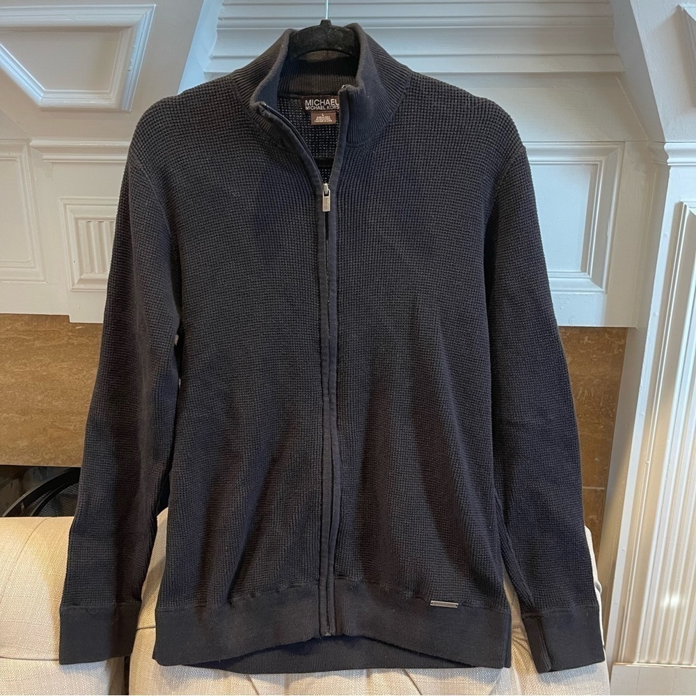 P: Michael Michael Kors Full Zip Black Cardigan waffle knit Sweater Sz L